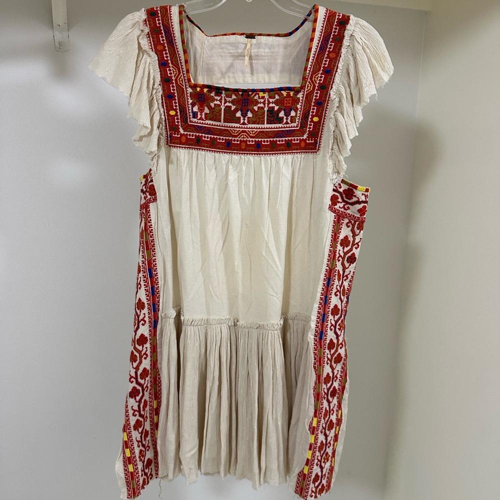 Free People Embroidered Ivory Dress with Red Accents and Open Back - Picture 1 of 5